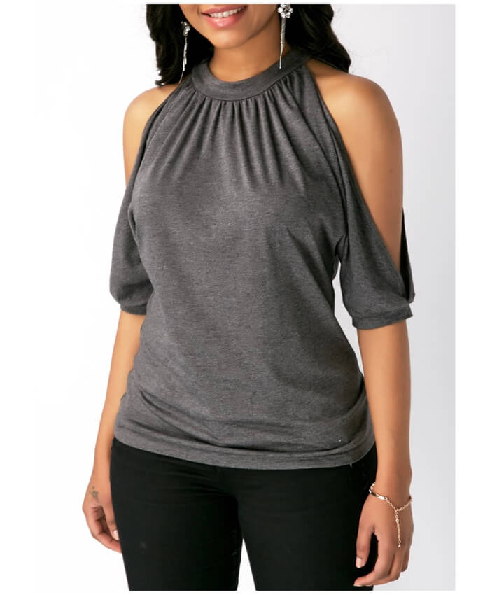 Tie Back Cold Shoulder Grey Blouse